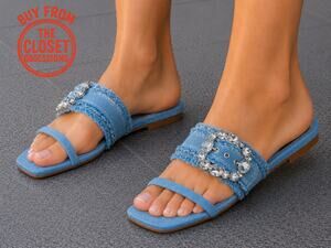 Zara NWT Denim Rhinestone Buckle Slide Sandals 6.5 8